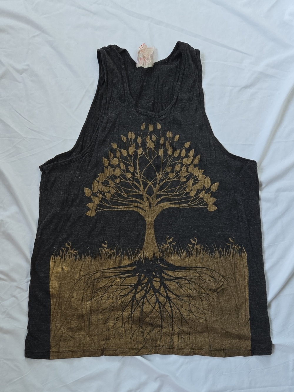 Men's Tank Top Charcoal/Black, Gold Silkscreen Image Of A Tree, Yogic/Spiritual